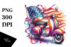 Vibrant Vintage Scooter and USA Flag Sticker Clipart Product Image 1