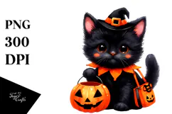 Cute Baby Black Cat Dressed for Halloween Watercolor PNG Product Image 1
