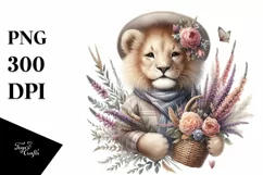 Cute Baby Lion Holding Flower Basket Boho Product Image 1