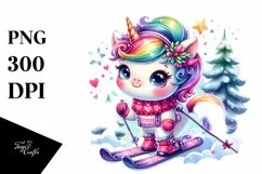 Colorful Unicorn with Skis PNG Product Image 1