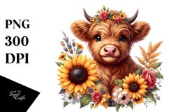 Cute Baby Highland Cow with Sunflower | Clipart Product Image 1