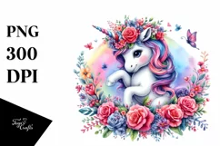 Playing Unicorn Floral Wreath PNG Product Image 3