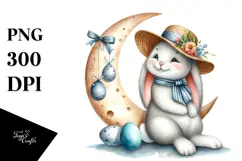 Adorable Bunny on Moon with Eggs Hanging PNG Product Image 1