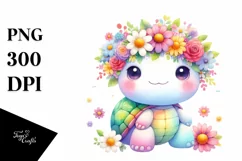 Colorful Turtle with Flower Crown Clipart, High-Resolution Product Image 1