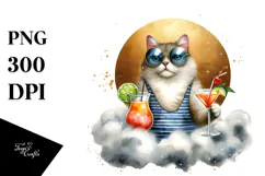 Cat in Beachwear Drinking Cocktail PNG Product Image 1