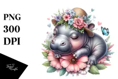 Sleeping Baby Hippo on a Flower, PNG Product Image 1