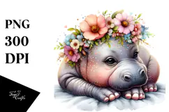 Sleeping Baby Hippo on a Flower, PNG Product Image 1