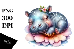 Sleeping Baby Hippo on a Flower, PNG Product Image 1