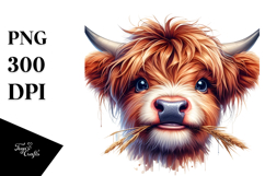 Happy Highland Cow with Hay Straw, PNG Product Image 1