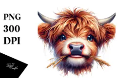 Happy Highland Cow with Hay Straw, PNG Product Image 1