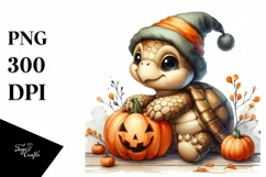 Baby Turtle with Halloween Pumpkin, PNG Product Image 1