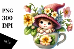 Cute Baby Gnome with Primrose Floral Frame PNG Product Image 1