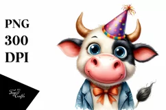 Expressive Confused Cow with Party Hat Caricature Clipart Product Image 1