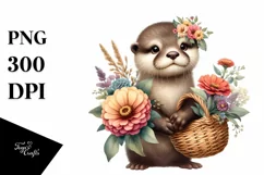 Cute Baby Otter Holding Flower Basket Boho Product Image 3