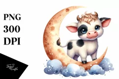 Watercolor Highland Cow Moon Sticker | Sublimation | Clipart Product Image 1