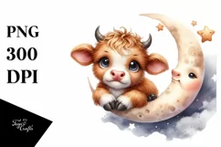 Watercolor Highland Cow Moon Sticker | Sublimation | Clipart Product Image 1