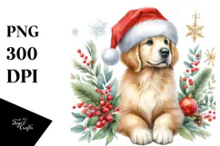 Watercolor Golden Retriever with Santa Hat, Transparent PNG Product Image 1