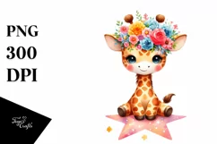 Colorful Giraffe with Flower Crown, Quirky Style PNG Product Image 3