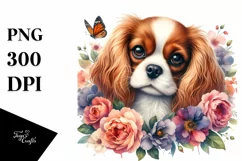 Watercolor Cavalier King Charles Spaniel | Flowers Left and Product Image 1
