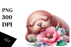 Sleeping Baby Walrus on a Flower, PNG Product Image 1