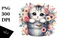 Cute Cat in Bucket with Flowers, PNG Product Image 3
