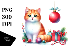 Watercolor Cat with Christmas Decorations PNG Product Image 1