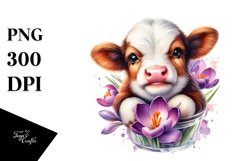 Cute Baby Highland Cow with Crocus Floral Frame PNG Product Image 1