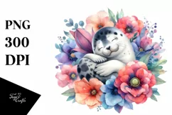 colorful Watercolor Seal Sleeping in Flower | Clipart Product Image 3
