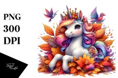 Colorful Baby Unicorn with Pile of Autumn Leaves Product Image 1