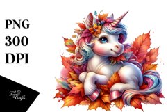 Colorful Baby Unicorn with Pile of Autumn Leaves Product Image 3