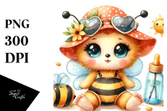 Digital Watercolor with Cute Baby Bee, Beachwear PNG Product Image 1