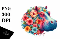 Vibrant Retro Watercolor Hippo | Clipart Product Image 1