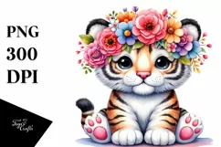 Cartoon-Style Tiger Sitting, Flower Crown PNG Product Image 3