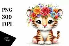 Cartoon-Style Tiger Sitting, Flower Crown PNG Product Image 3