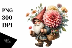 Detailed Watercolor Small Gnome Carrying Large Dahlia Product Image 1