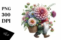 Detailed Watercolor Small Gnome Carrying Large Dahlia Product Image 1