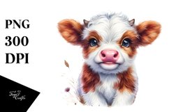 Smiling Baby Highland Cow with Watercolor Splash | Clipart Product Image 1