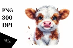 Smiling Baby Highland Cow with Watercolor Splash | Clipart Product Image 1
