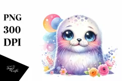 Colorful Cute Baby Bearded Seal Moon Clipart Product Image 1