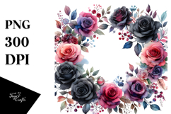 Black Roses Watercolor Horizontal Frame PNG Product Image 1