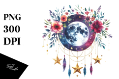 Vibrant Watercolor Boho Moon with Hanging Flowers and Stars Product Image 1