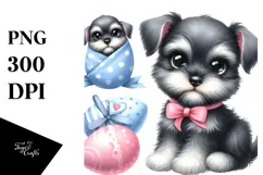Watercolor Baby Cartoon Miniature Schnauzer with Big Eyes, Product Image 1