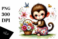 Quirky Baby Monkey with Flower Basket PNG Product Image 1