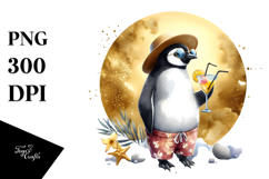 Happy Penguins in Beachwear, Gold Foil Circle PNG Product Image 1