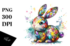 Colorful Wooden Bunny on Splashy Background, PNG Product Image 1