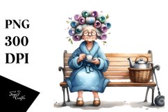 Old Lady Sitting on Bench with Tea Cup | Clipart Product Image 3