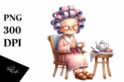 Old Lady Sitting on Chair with Tea Cup | Clipart Product Image 3
