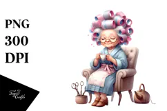 Old Lady Sitting on Chair with Tea Cup | Clipart Product Image 1