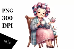 Old Lady Sitting on Chair with Tea Cup | Clipart Product Image 3