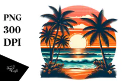 Retro Tropical Beach Sunset, Clipart PNG Product Image 1